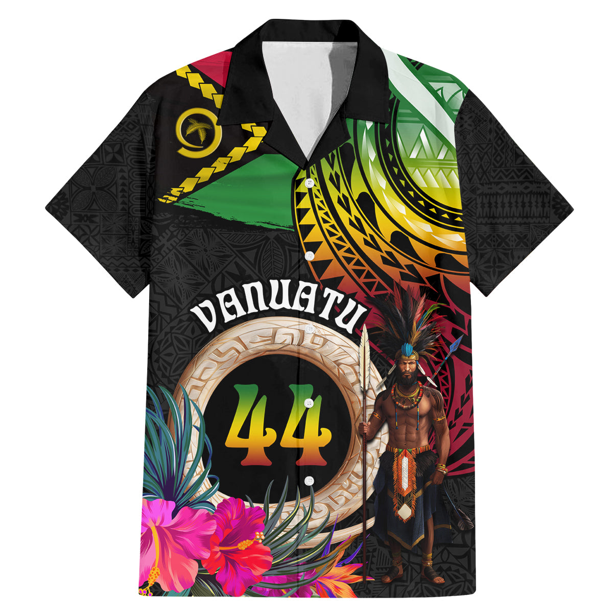 Personalised Vanuatu 44th Anniversary Family Matching Mermaid Dress and Hawaiian Shirt Boars Tusk and Melanesian Warrior Indipendens Dei