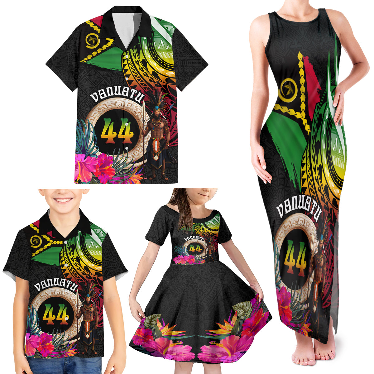 Personalised Vanuatu 44th Anniversary Family Matching Tank Maxi Dress and Hawaiian Shirt Boars Tusk and Melanesian Warrior Indipendens Dei