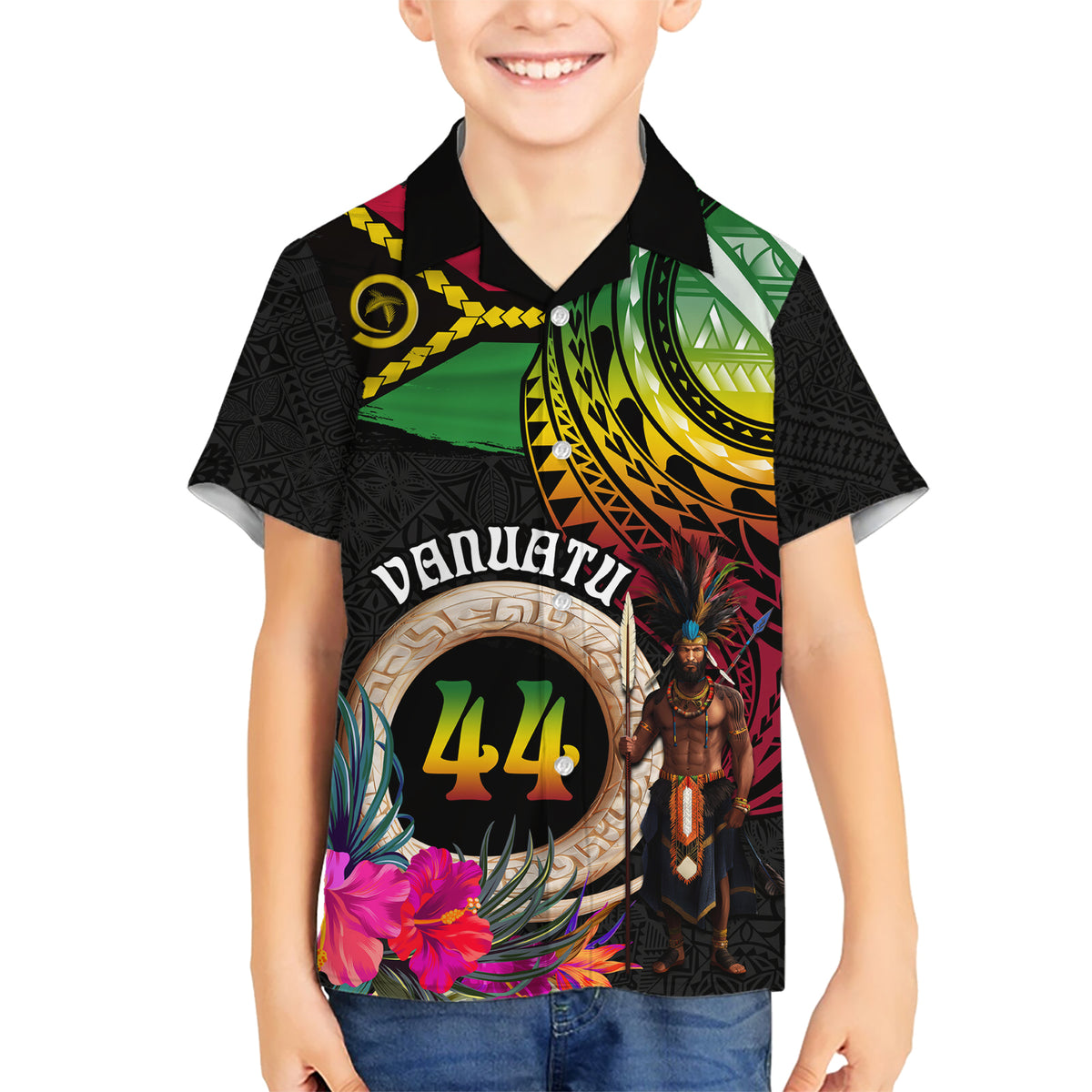 Personalised Vanuatu 44th Anniversary Kid Hawaiian Shirt Boars Tusk and Melanesian Warrior Indipendens Dei