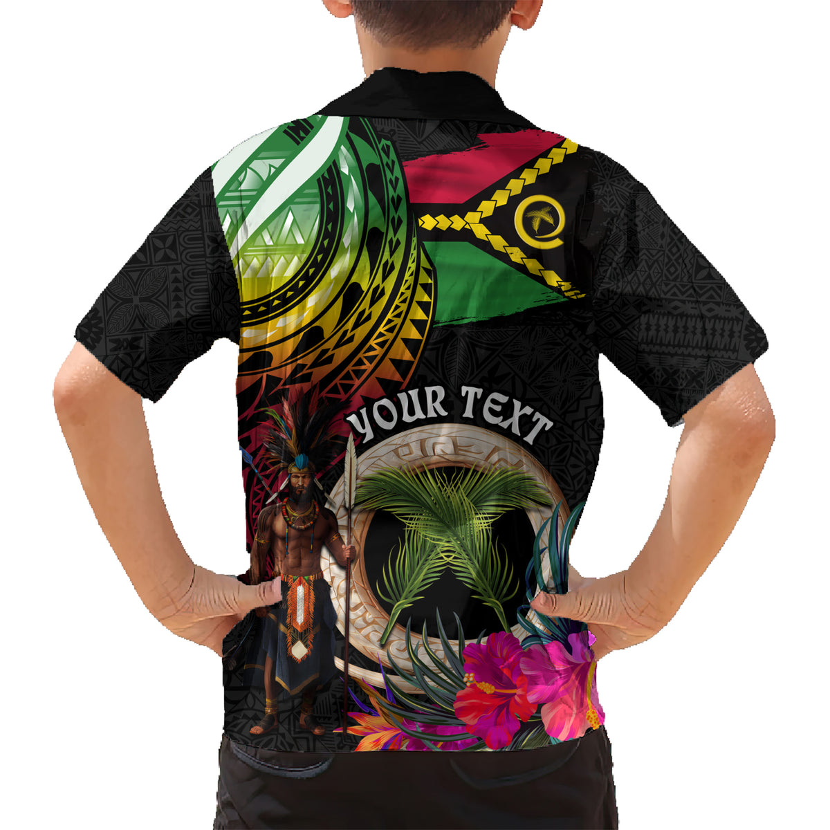 Personalised Vanuatu 44th Anniversary Kid Hawaiian Shirt Boars Tusk and Melanesian Warrior Indipendens Dei