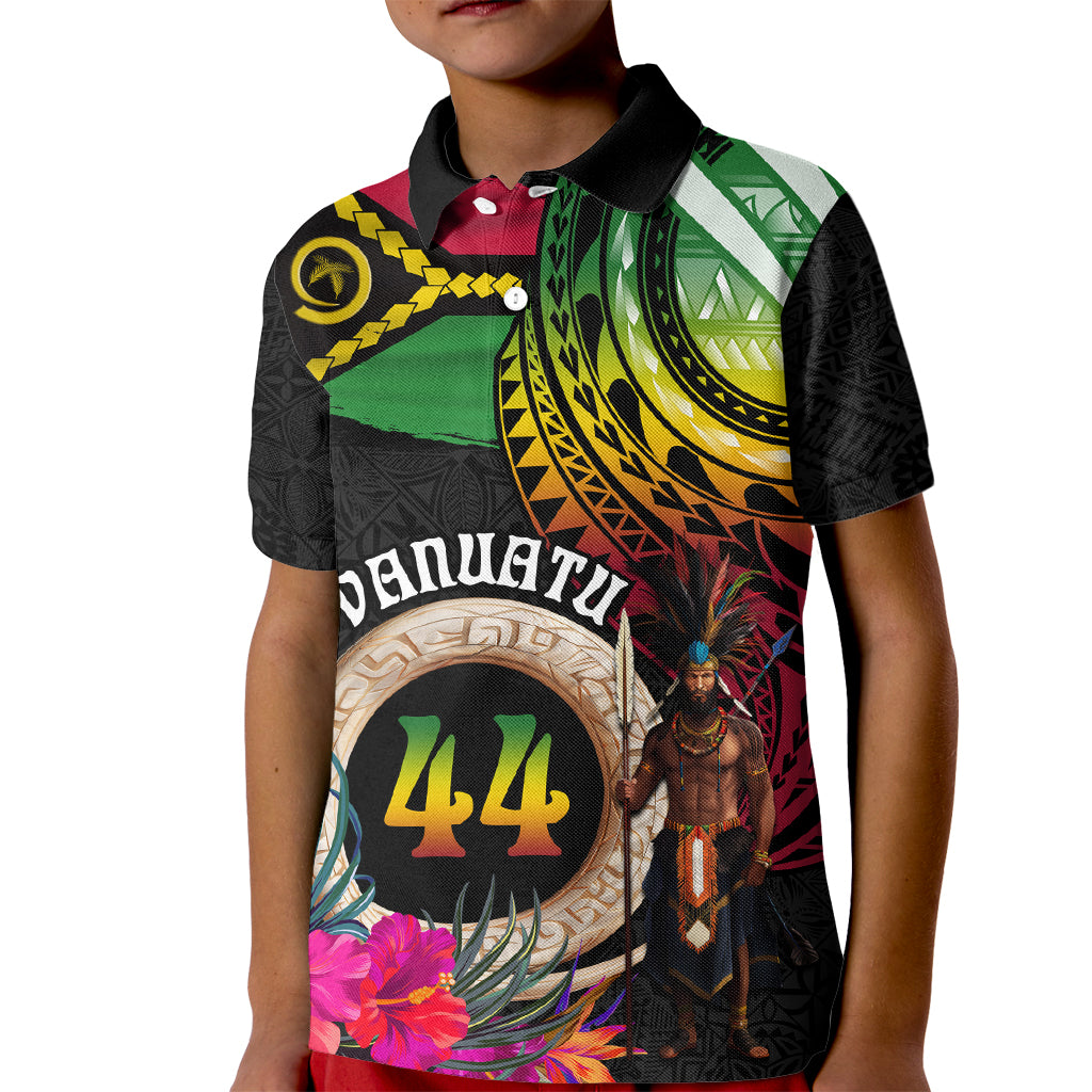 Personalised Vanuatu 44th Anniversary Kid Polo Shirt Boars Tusk and Melanesian Warrior Indipendens Dei