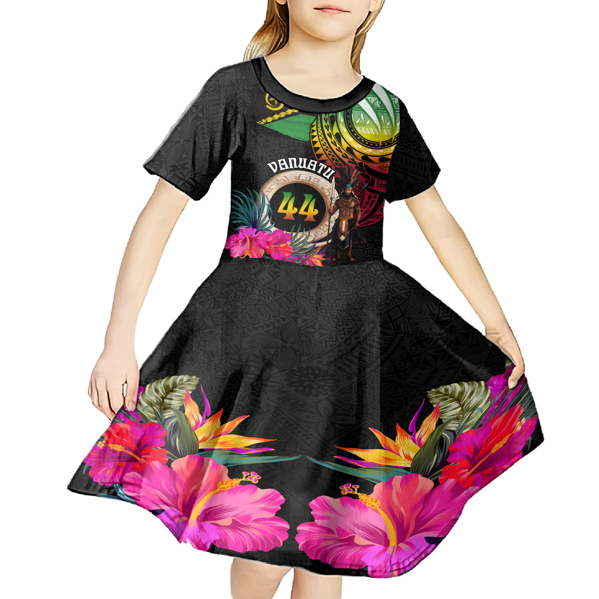 Personalised Vanuatu 44th Anniversary Kid Short Sleeve Dress Boars Tusk and Melanesian Warrior Indipendens Dei