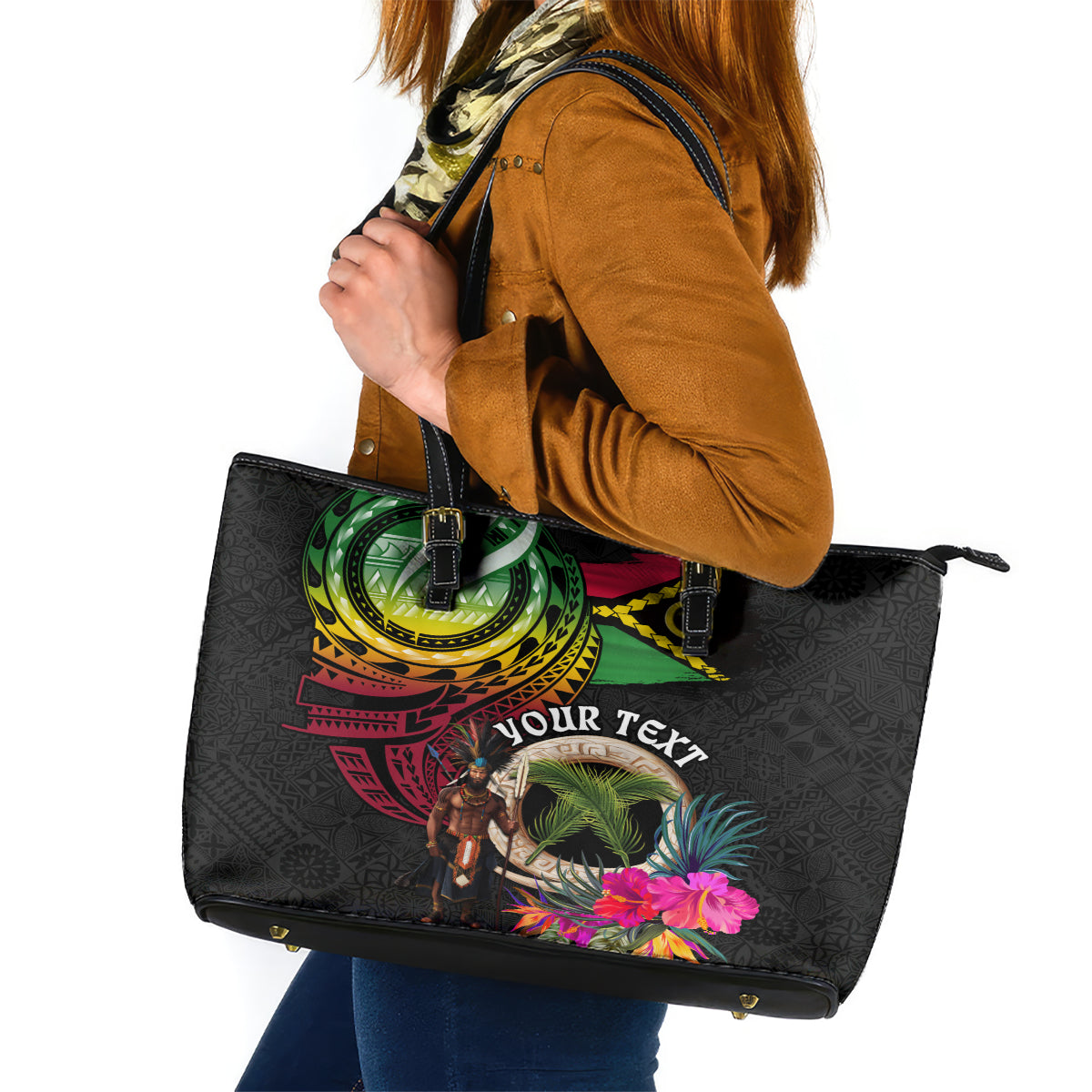 Personalised Vanuatu 44th Anniversary Leather Tote Bag Boars Tusk and Melanesian Warrior Indipendens Dei LT03 Black - Polynesian Pride