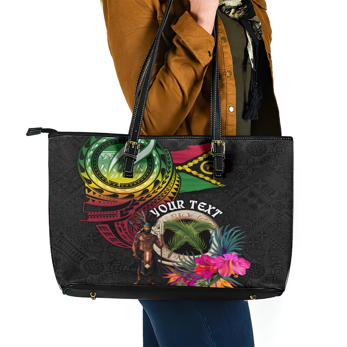 Personalised Vanuatu 44th Anniversary Leather Tote Bag Boars Tusk and Melanesian Warrior Indipendens Dei LT03 - Polynesian Pride