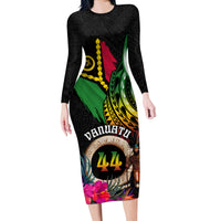 Personalised Vanuatu 44th Anniversary Long Sleeve Bodycon Dress Boars Tusk and Melanesian Warrior Indipendens Dei