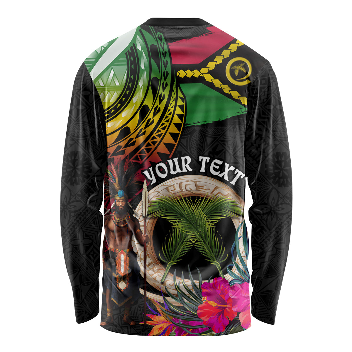 Personalised Vanuatu 44th Anniversary Long Sleeve Shirt Boars Tusk and Melanesian Warrior Indipendens Dei