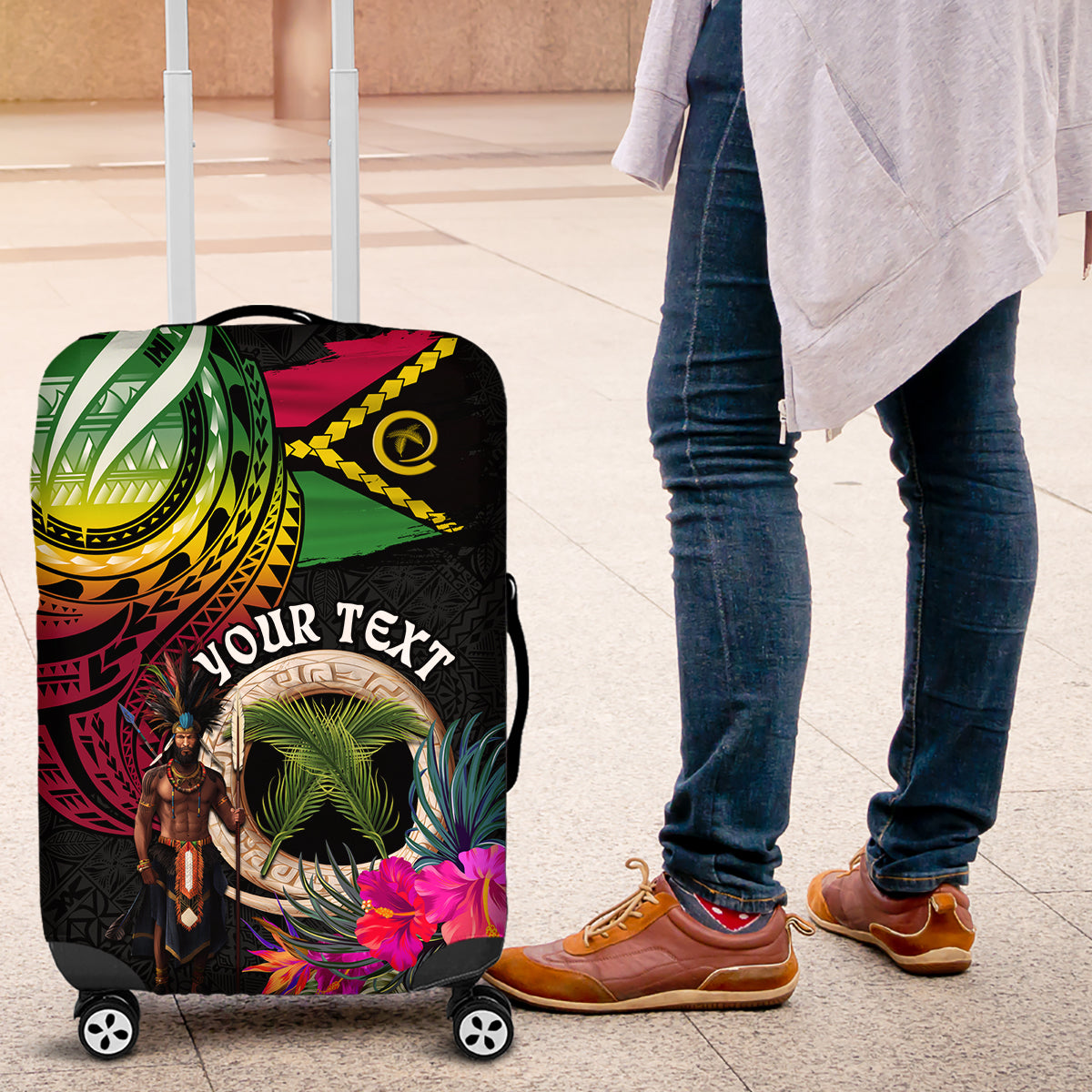 Personalised Vanuatu 44th Anniversary Luggage Cover Boars Tusk and Melanesian Warrior Indipendens Dei LT03 Black - Polynesian Pride