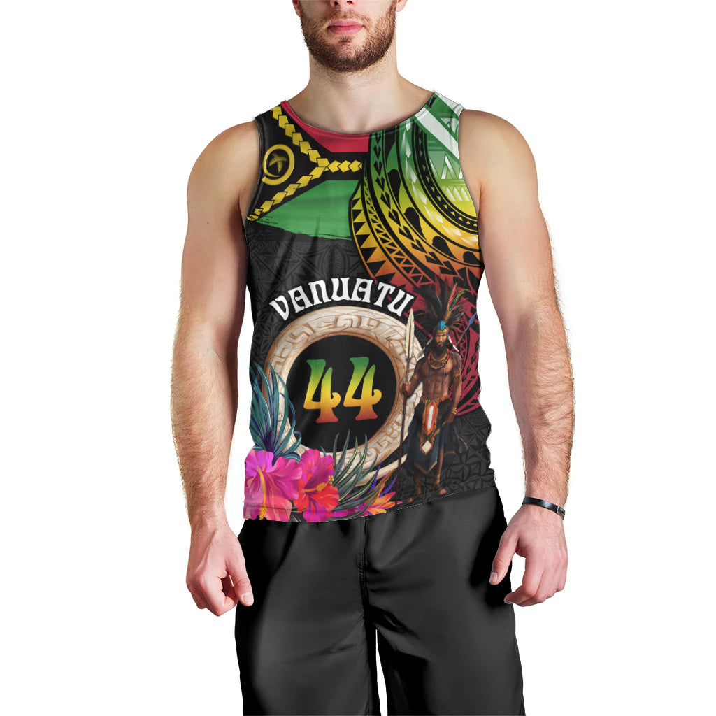 Personalised Vanuatu 44th Anniversary Men Tank Top Boars Tusk and Melanesian Warrior Indipendens Dei