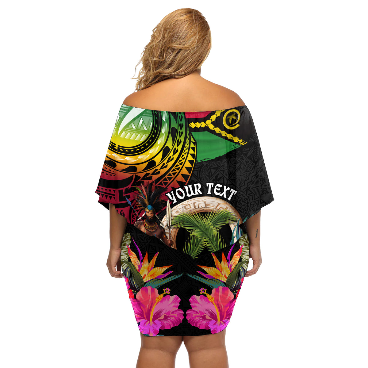 Personalised Vanuatu 44th Anniversary Off Shoulder Short Dress Boars Tusk and Melanesian Warrior Indipendens Dei
