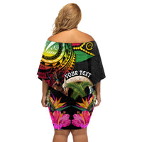 Personalised Vanuatu 44th Anniversary Off Shoulder Short Dress Boars Tusk and Melanesian Warrior Indipendens Dei