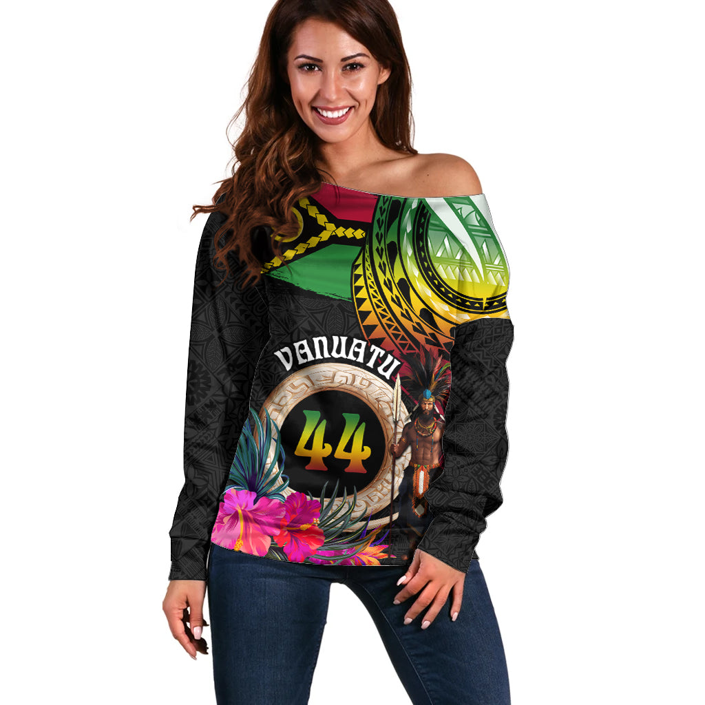 Personalised Vanuatu 44th Anniversary Off Shoulder Sweater Boars Tusk and Melanesian Warrior Indipendens Dei LT03 Women Black - Polynesian Pride