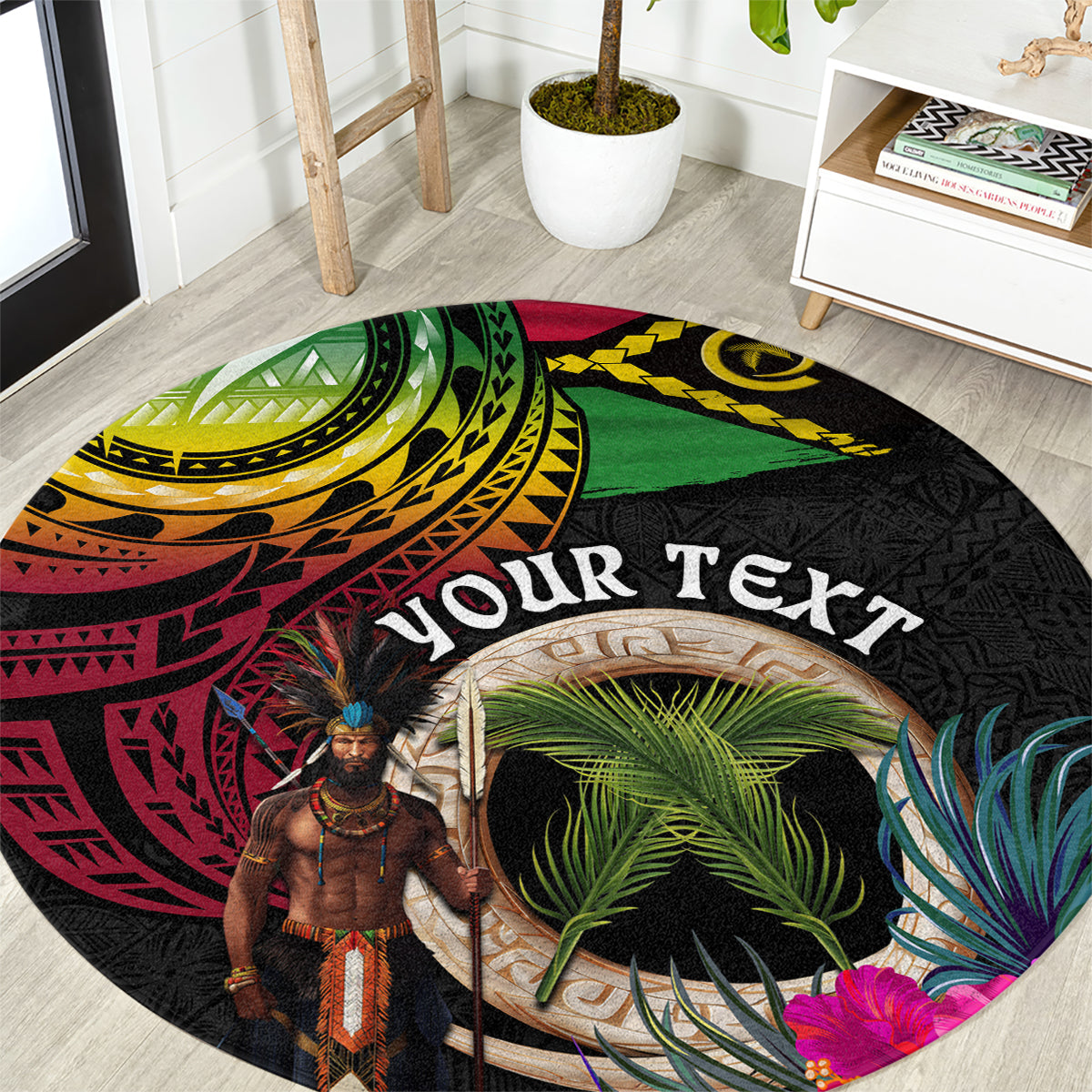 Personalised Vanuatu 44th Anniversary Round Carpet Boars Tusk and Melanesian Warrior Indipendens Dei LT03 Black - Polynesian Pride