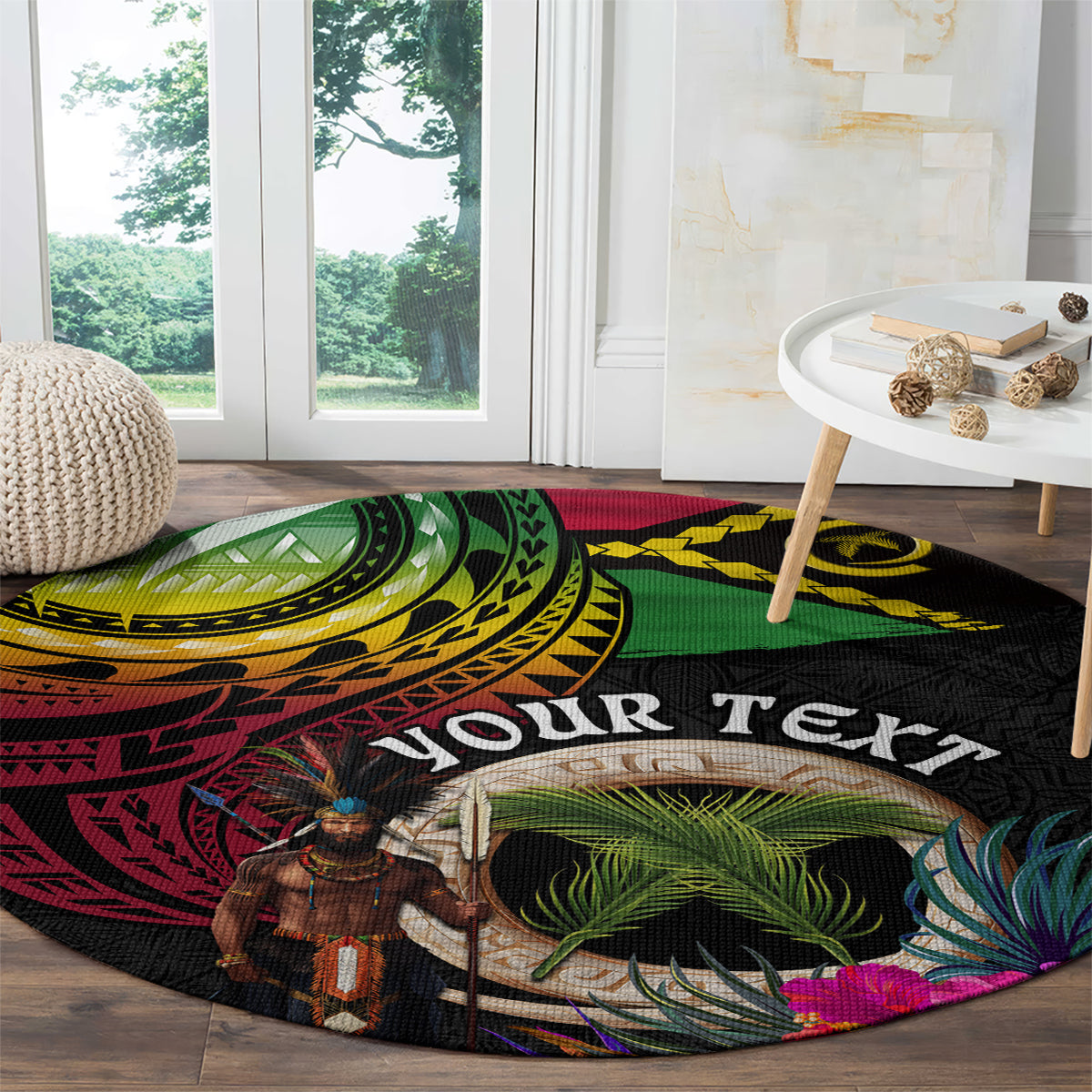 Personalised Vanuatu 44th Anniversary Round Carpet Boars Tusk and Melanesian Warrior Indipendens Dei LT03 - Polynesian Pride