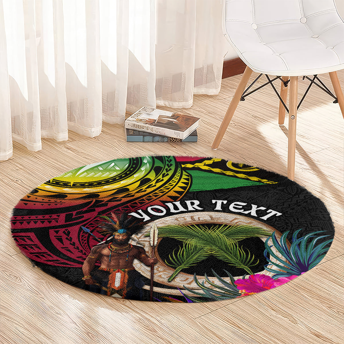 Personalised Vanuatu 44th Anniversary Round Carpet Boars Tusk and Melanesian Warrior Indipendens Dei LT03 - Polynesian Pride