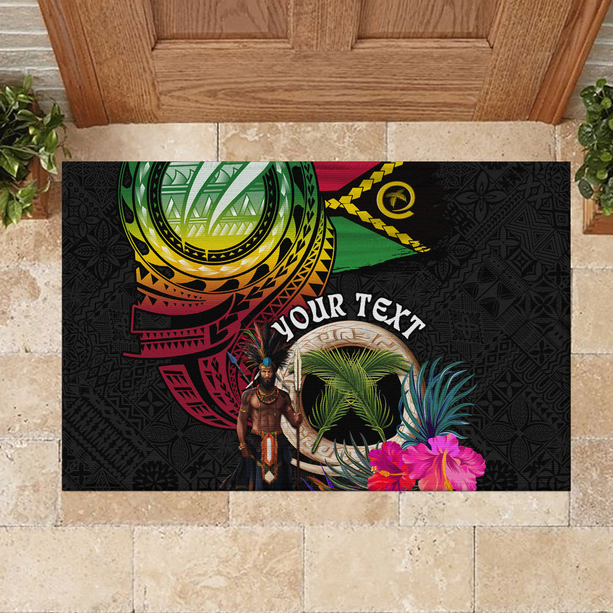 Personalised Vanuatu 44th Anniversary Rubber Doormat Boars Tusk and Melanesian Warrior Indipendens Dei