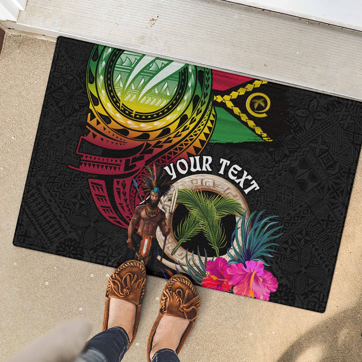 Personalised Vanuatu 44th Anniversary Rubber Doormat Boars Tusk and Melanesian Warrior Indipendens Dei