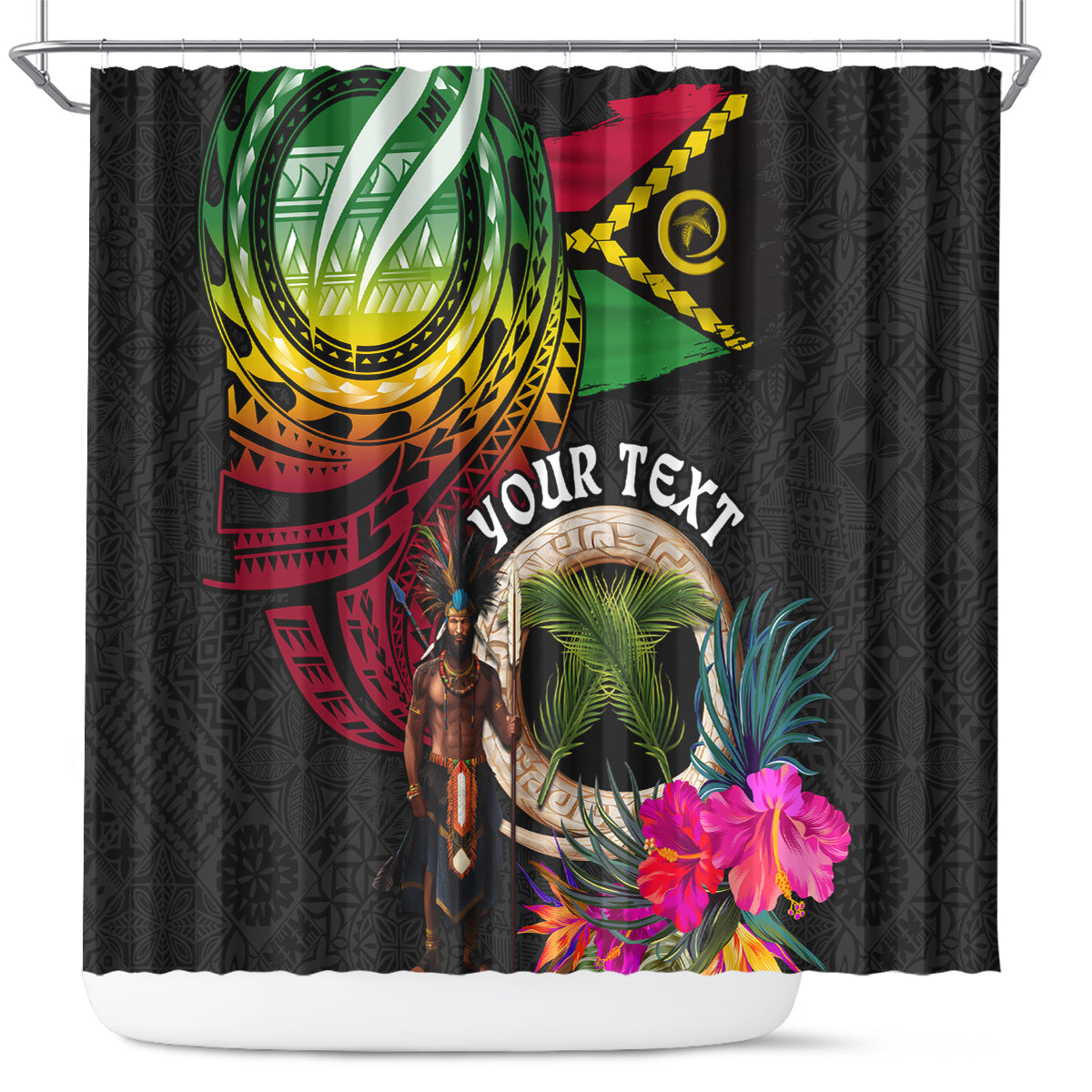 Personalised Vanuatu 44th Anniversary Shower Curtain Boars Tusk and Melanesian Warrior Indipendens Dei LT03 Black - Polynesian Pride