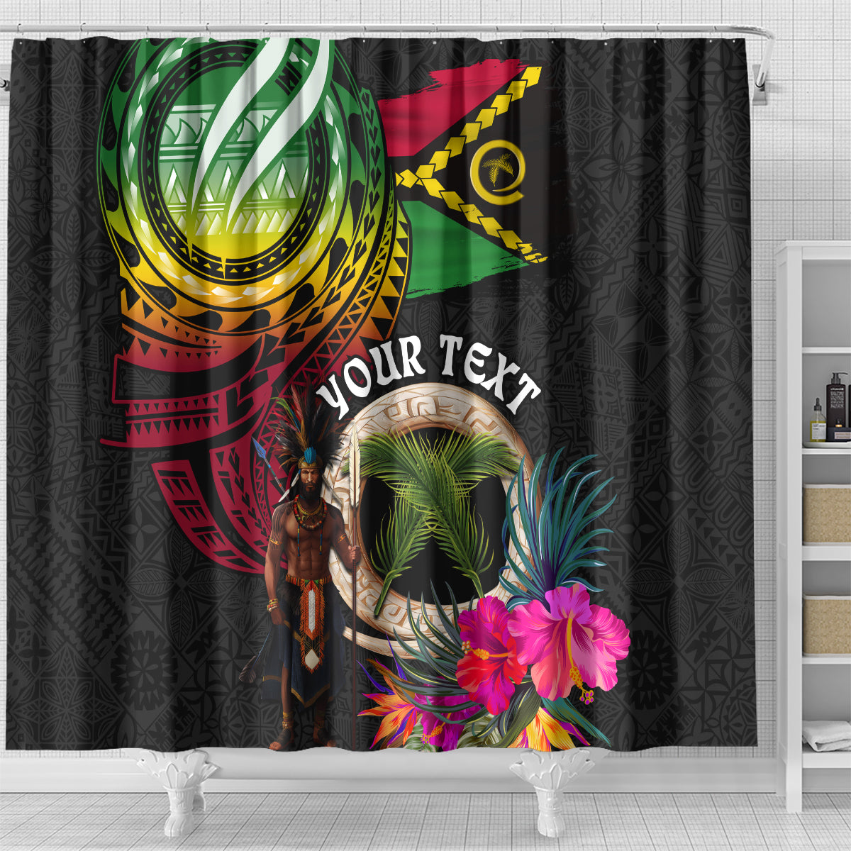 Personalised Vanuatu 44th Anniversary Shower Curtain Boars Tusk and Melanesian Warrior Indipendens Dei