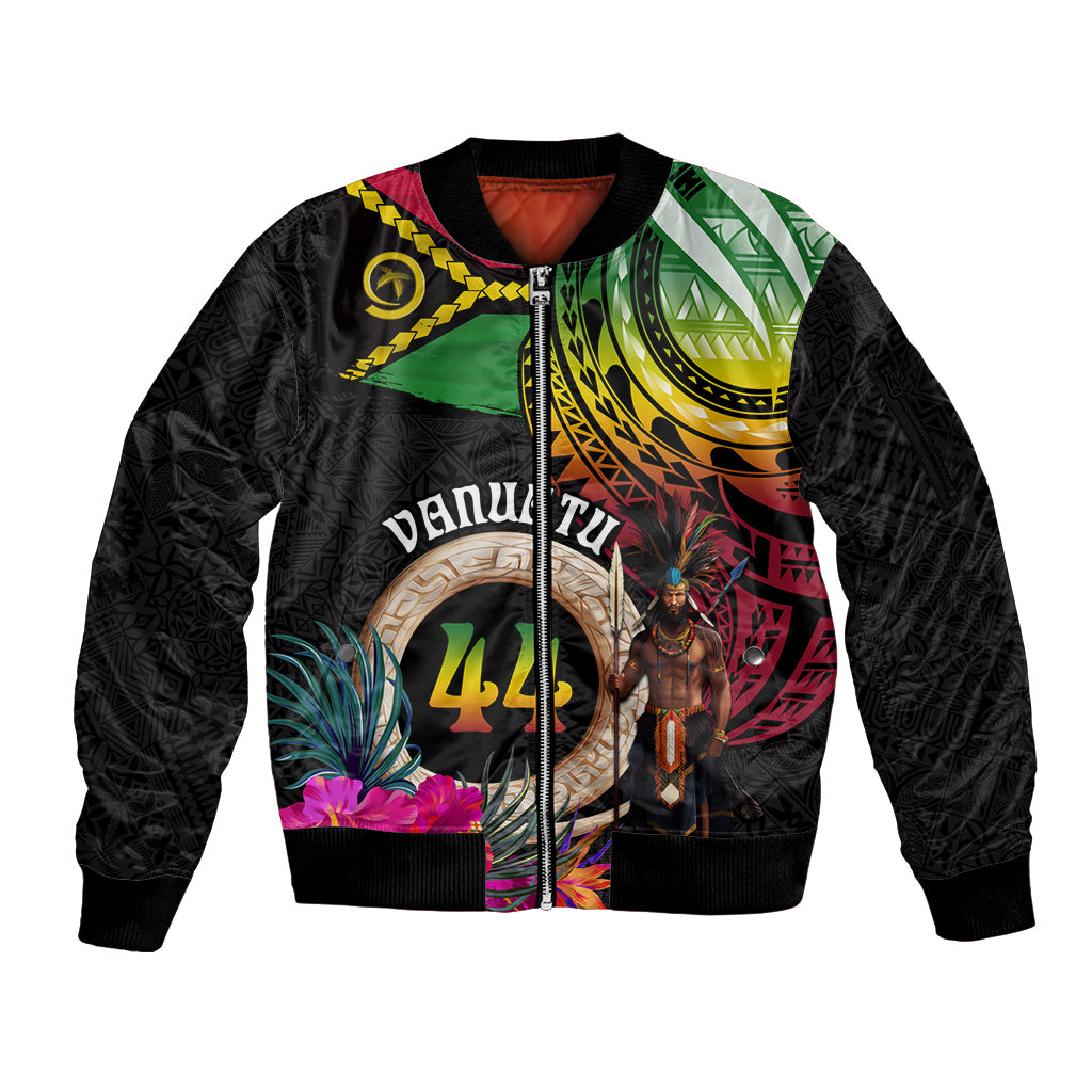 Personalised Vanuatu 44th Anniversary Sleeve Zip Bomber Jacket Boars Tusk and Melanesian Warrior Indipendens Dei LT03 Unisex Black - Polynesian Pride