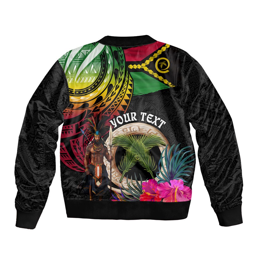 Personalised Vanuatu 44th Anniversary Sleeve Zip Bomber Jacket Boars Tusk and Melanesian Warrior Indipendens Dei
