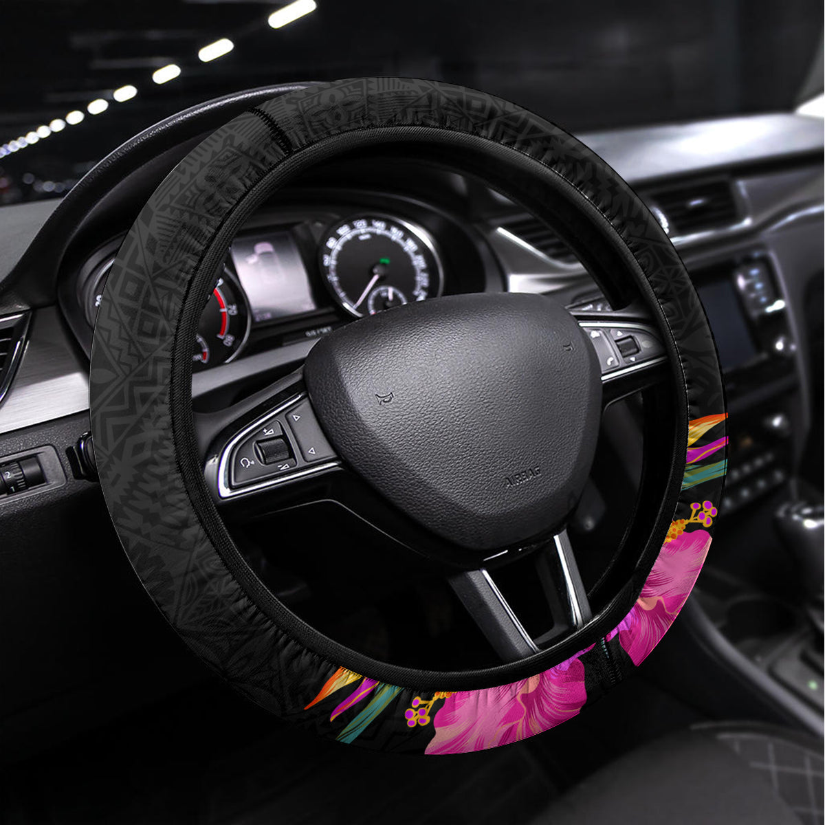 Vanuatu 44th Anniversary Steering Wheel Cover Boars Tusk and Melanesian Warrior Indipendens Dei LT03 Universal Fit Black - Polynesian Pride
