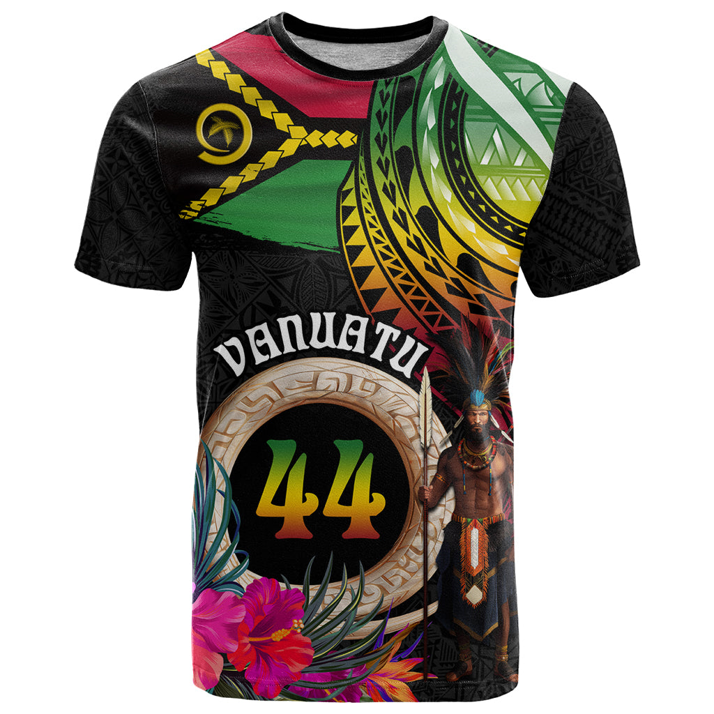 Personalised Vanuatu 44th Anniversary T Shirt Boars Tusk and Melanesian Warrior Indipendens Dei
