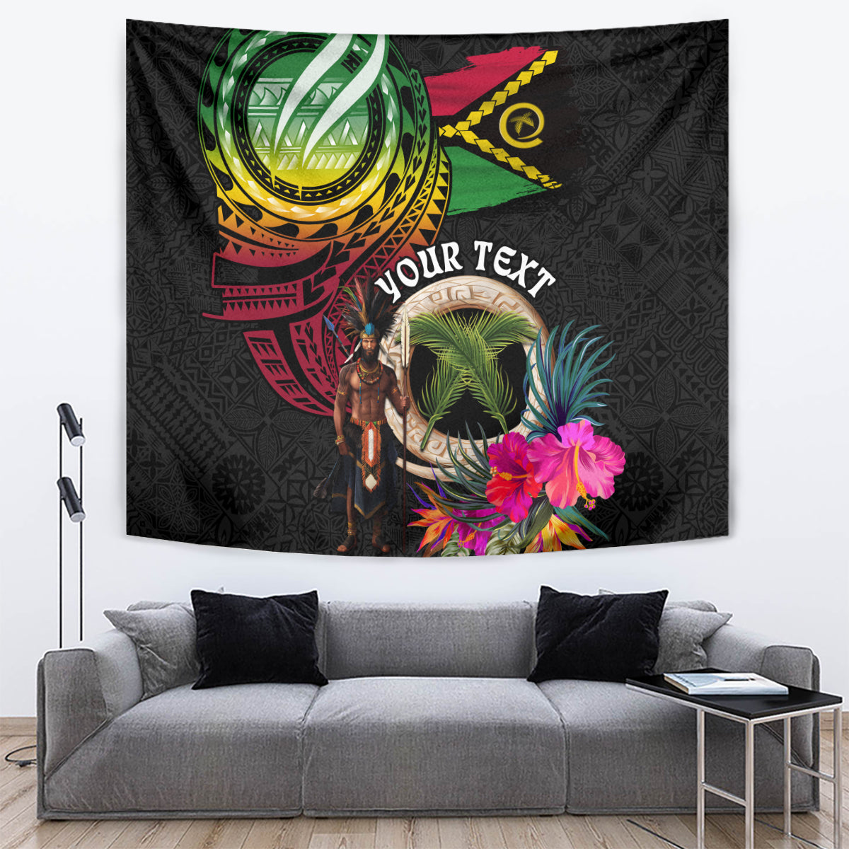 Personalised Vanuatu 44th Anniversary Tapestry Boars Tusk and Melanesian Warrior Indipendens Dei LT03 Black - Polynesian Pride