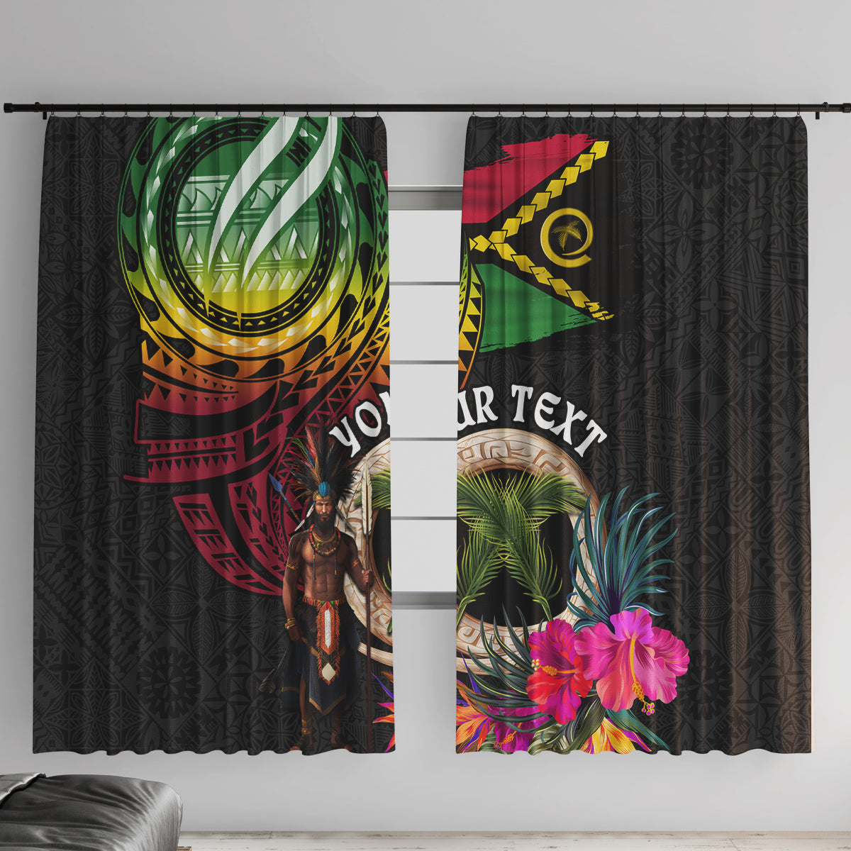 Personalised Vanuatu 44th Anniversary Window Curtain Boars Tusk and Melanesian Warrior Indipendens Dei LT03 With Hooks Black - Polynesian Pride