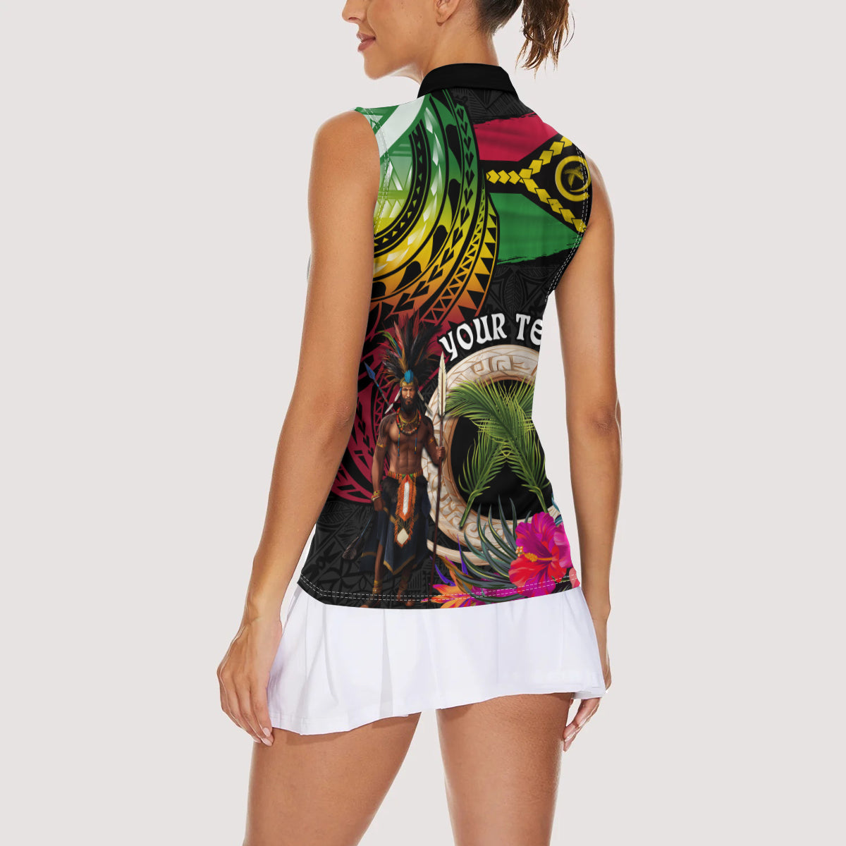 Personalised Vanuatu 44th Anniversary Women Sleeveless Polo Shirt Boars Tusk and Melanesian Warrior Indipendens Dei