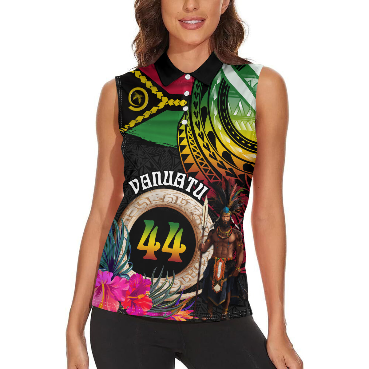 Personalised Vanuatu 44th Anniversary Women Sleeveless Polo Shirt Boars Tusk and Melanesian Warrior Indipendens Dei