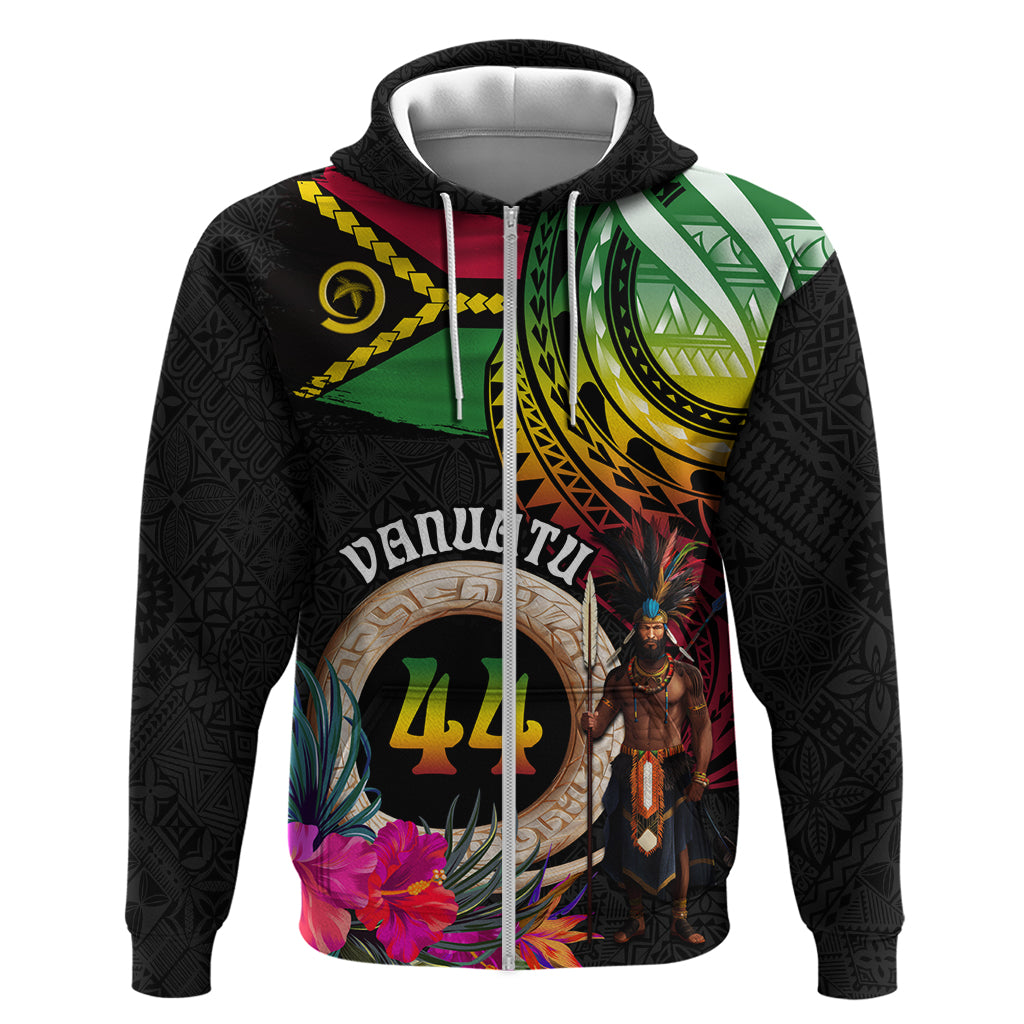 Personalised Vanuatu 44th Anniversary Zip Hoodie Boars Tusk and Melanesian Warrior Indipendens Dei LT03 Zip Hoodie Black - Polynesian Pride