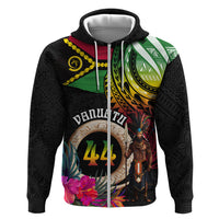 Personalised Vanuatu 44th Anniversary Zip Hoodie Boars Tusk and Melanesian Warrior Indipendens Dei LT03 Zip Hoodie Black - Polynesian Pride