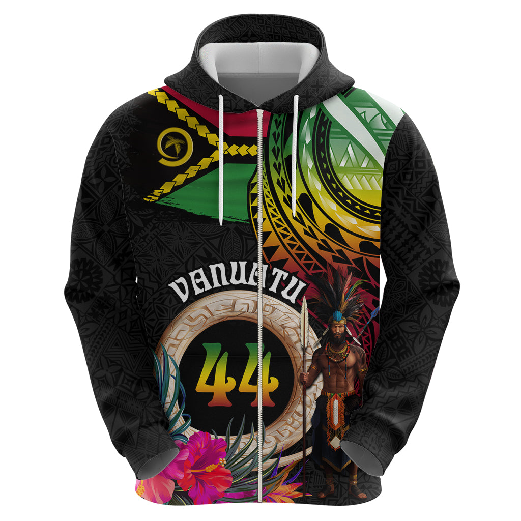 Personalised Vanuatu 44th Anniversary Zip Hoodie Boars Tusk and Melanesian Warrior Indipendens Dei LT03 - Polynesian Pride
