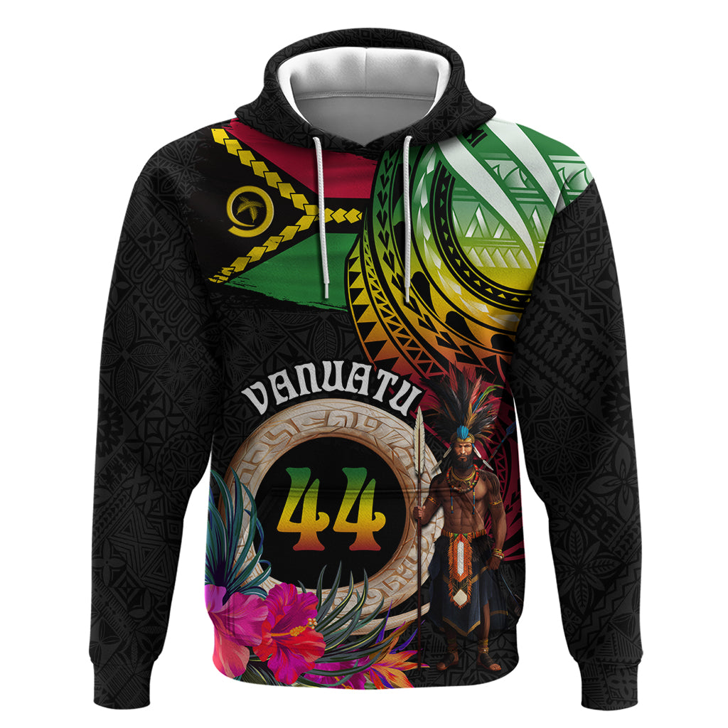 Personalised Vanuatu 44th Anniversary Zip Hoodie Boars Tusk and Melanesian Warrior Indipendens Dei LT03 Pullover Hoodie Black - Polynesian Pride