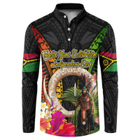 Vanuatu Independence Day Button Sweatshirt Boars Tusk and Melanesian Warrior Indipendens Dei