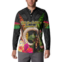 Vanuatu Independence Day Button Sweatshirt Boars Tusk and Melanesian Warrior Indipendens Dei