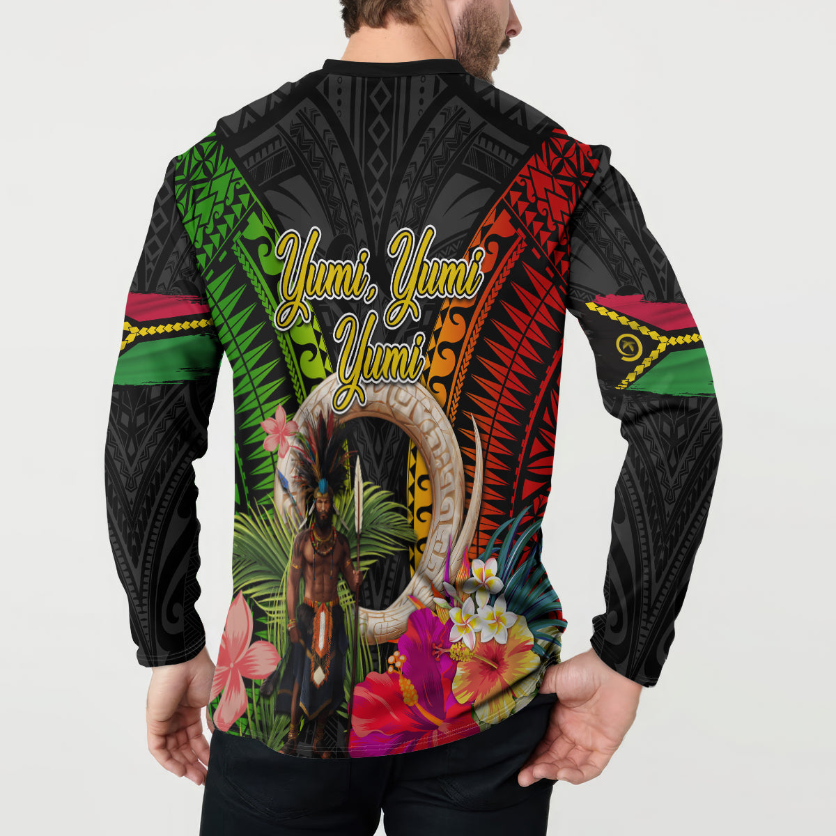 Vanuatu Independence Day Button Sweatshirt Boars Tusk and Melanesian Warrior Indipendens Dei