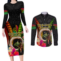 Vanuatu Independence Day Couples Matching Long Sleeve Bodycon Dress and Long Sleeve Button Shirt Boars Tusk and Melanesian Warrior Indipendens Dei