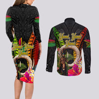 Vanuatu Independence Day Couples Matching Long Sleeve Bodycon Dress and Long Sleeve Button Shirt Boars Tusk and Melanesian Warrior Indipendens Dei