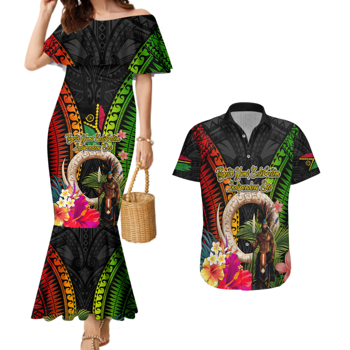 Vanuatu Independence Day Couples Matching Mermaid Dress and Hawaiian Shirt Boars Tusk and Melanesian Warrior Indipendens Dei