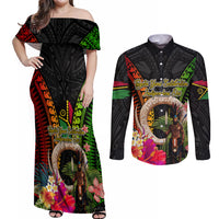 Vanuatu Independence Day Couples Matching Off Shoulder Maxi Dress and Long Sleeve Button Shirt Boars Tusk and Melanesian Warrior Indipendens Dei