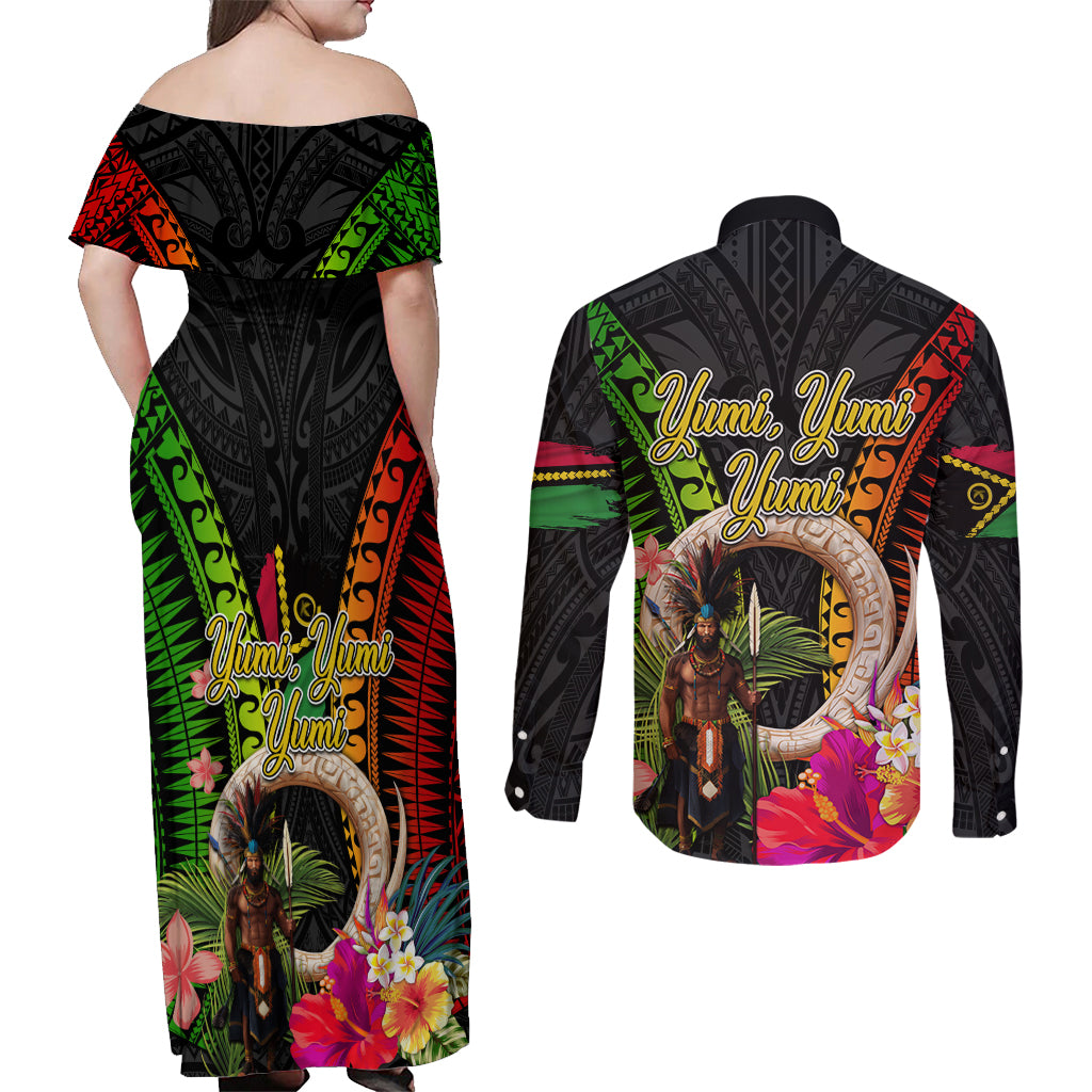 Vanuatu Independence Day Couples Matching Off Shoulder Maxi Dress and Long Sleeve Button Shirt Boars Tusk and Melanesian Warrior Indipendens Dei