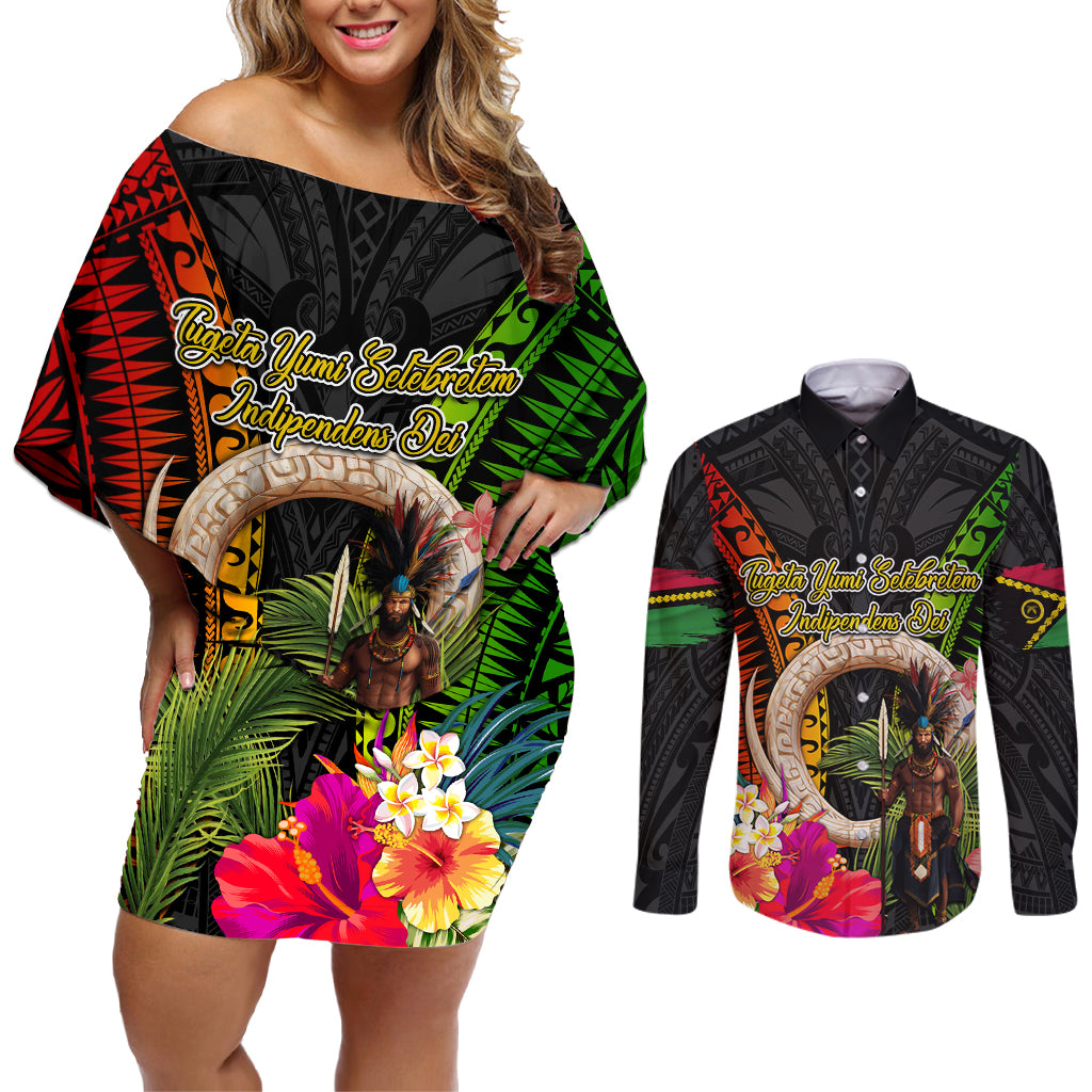 Vanuatu Independence Day Couples Matching Off Shoulder Short Dress and Long Sleeve Button Shirt Boars Tusk and Melanesian Warrior Indipendens Dei