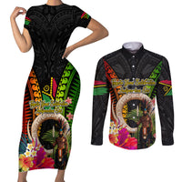 Vanuatu Independence Day Couples Matching Short Sleeve Bodycon Dress and Long Sleeve Button Shirt Boars Tusk and Melanesian Warrior Indipendens Dei