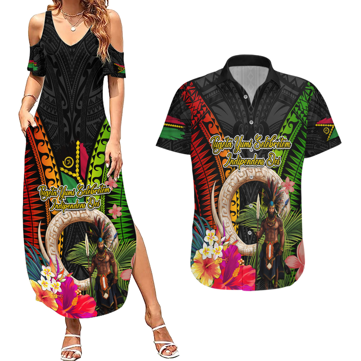 Vanuatu Independence Day Couples Matching Summer Maxi Dress and Hawaiian Shirt Boars Tusk and Melanesian Warrior Indipendens Dei