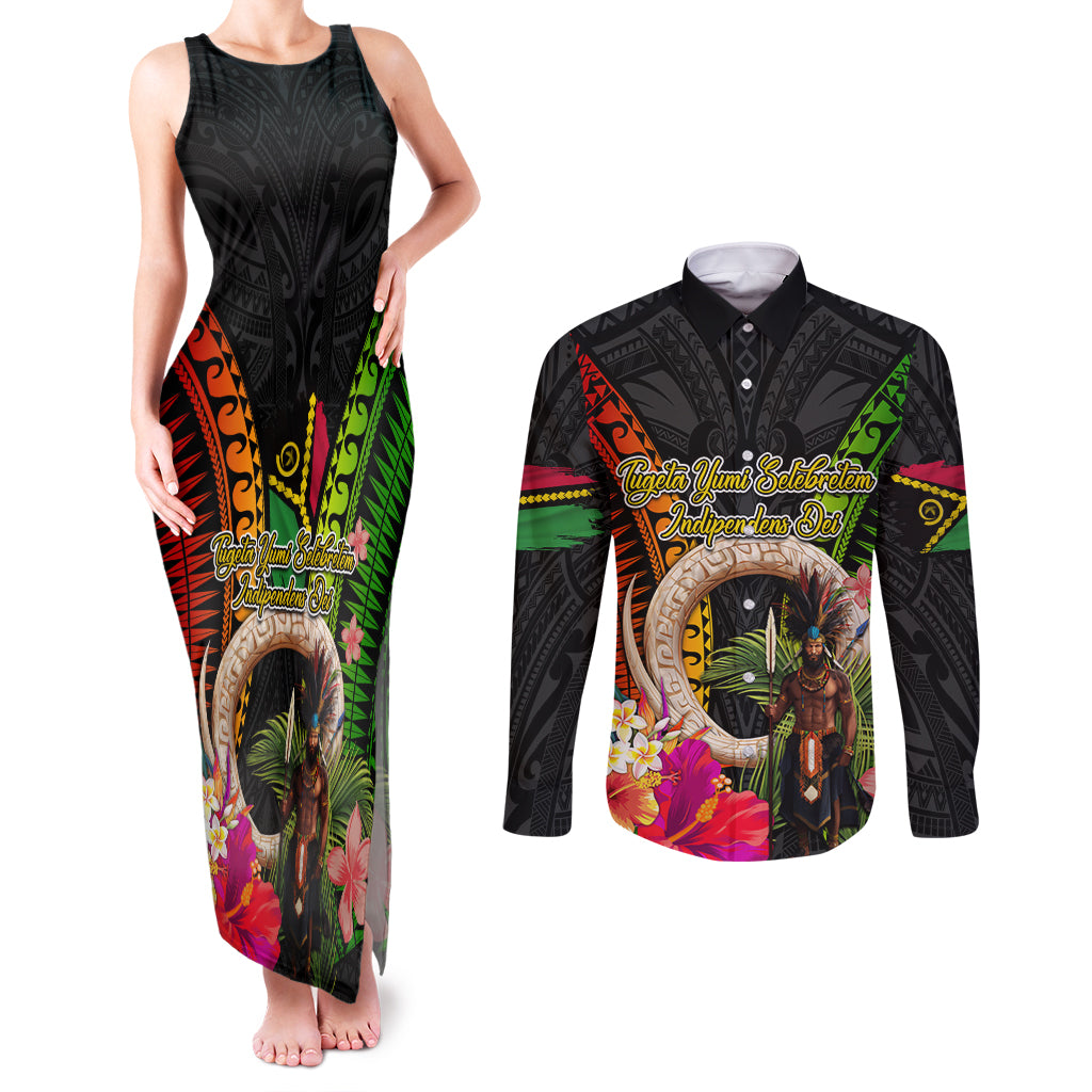Vanuatu Independence Day Couples Matching Tank Maxi Dress and Long Sleeve Button Shirt Boars Tusk and Melanesian Warrior Indipendens Dei