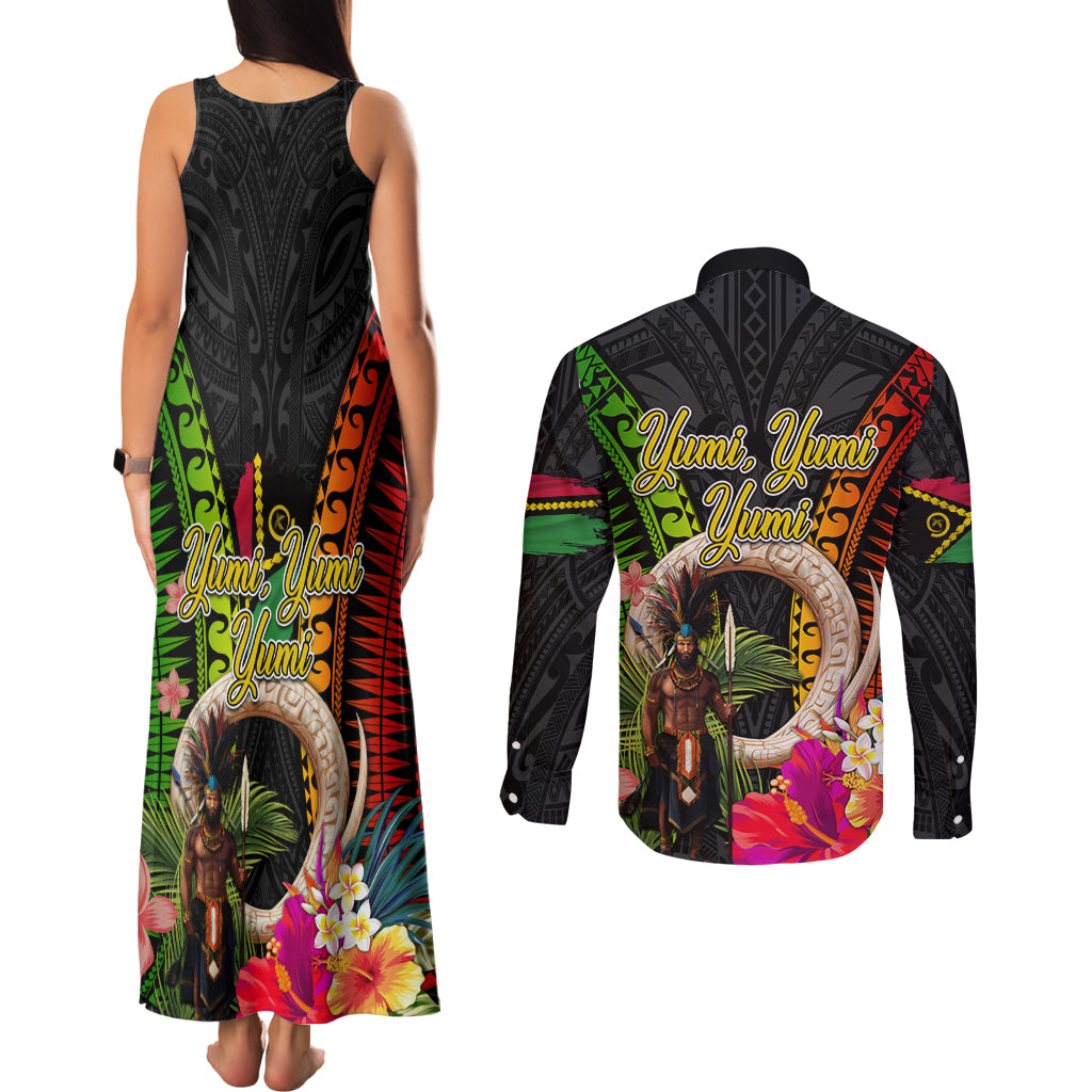 Vanuatu Independence Day Couples Matching Tank Maxi Dress and Long Sleeve Button Shirt Boars Tusk and Melanesian Warrior Indipendens Dei