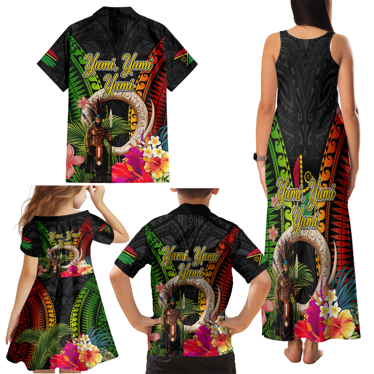Vanuatu Independence Day Family Matching Tank Maxi Dress and Hawaiian Shirt Boars Tusk and Melanesian Warrior Indipendens Dei