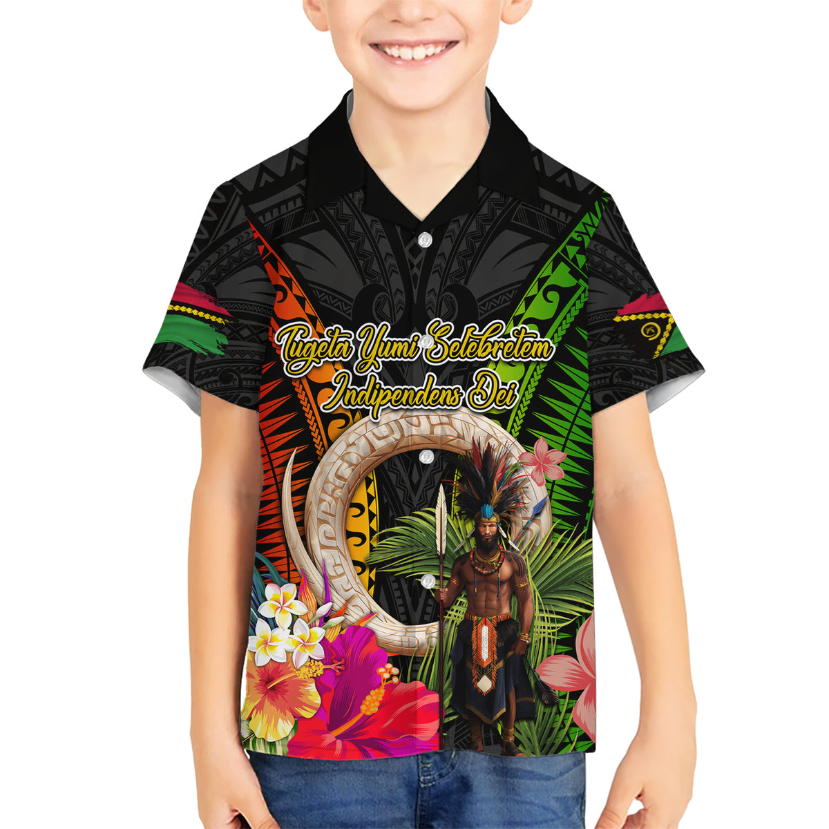 Vanuatu Independence Day Hawaiian Shirt Boars Tusk and Melanesian Warrior Indipendens Dei