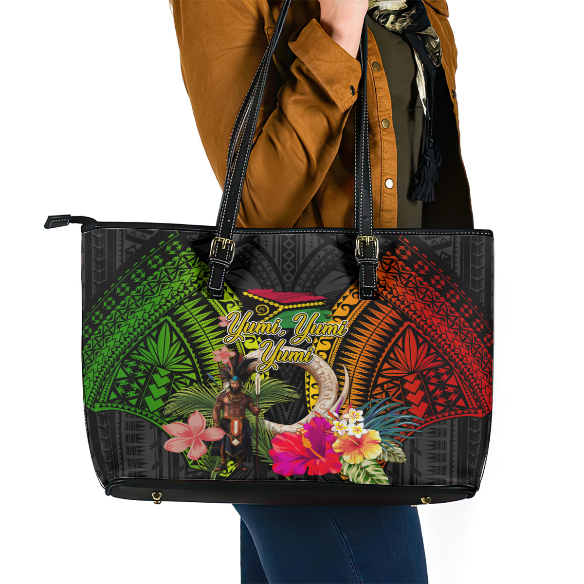 Vanuatu Independence Day Leather Tote Bag Boars Tusk and Melanesian Warrior Indipendens Dei LT03 - Polynesian Pride